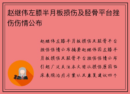 赵继伟左膝半月板损伤及胫骨平台挫伤伤情公布